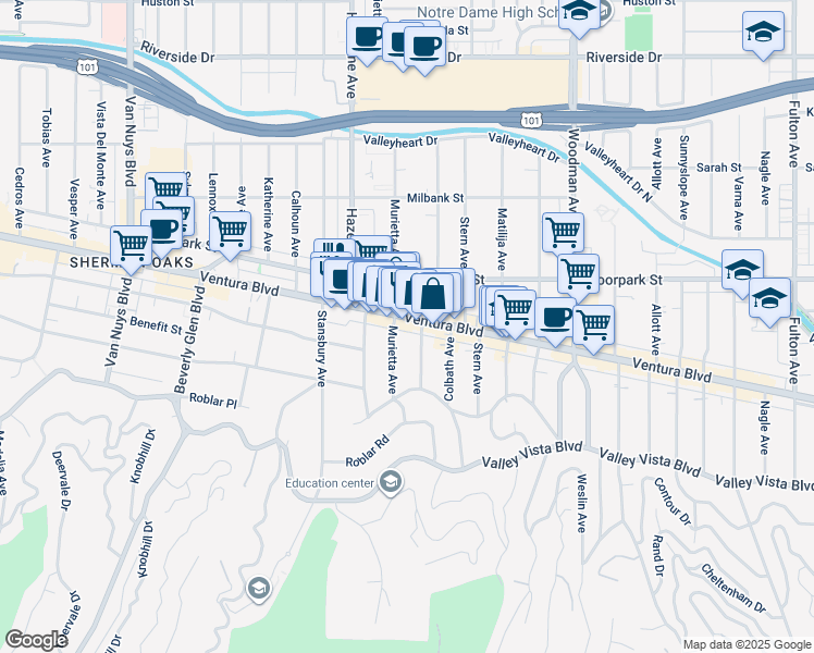 map of restaurants, bars, coffee shops, grocery stores, and more near 14034 Ventura Boulevard in Los Angeles