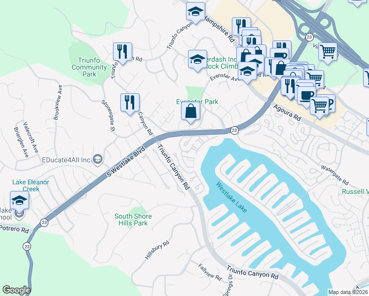 map of restaurants, bars, coffee shops, grocery stores, and more near 1182 South Westlake Boulevard in Westlake Village