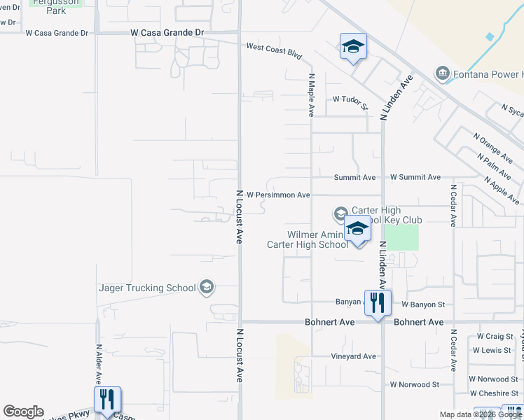 map of restaurants, bars, coffee shops, grocery stores, and more near 2703 North Locust Avenue in Rialto