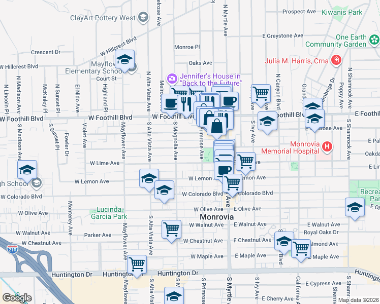 map of restaurants, bars, coffee shops, grocery stores, and more near 206 West Palm Avenue in Monrovia