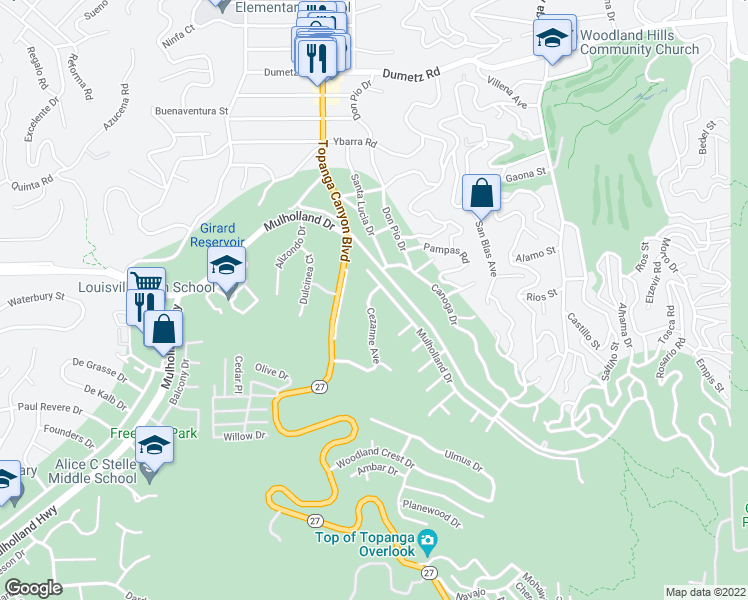 map of restaurants, bars, coffee shops, grocery stores, and more near 4520 Cezanne Avenue in Los Angeles
