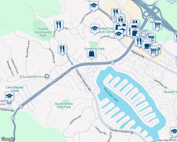 map of restaurants, bars, coffee shops, grocery stores, and more near 1182 South Westlake Boulevard in Westlake Village