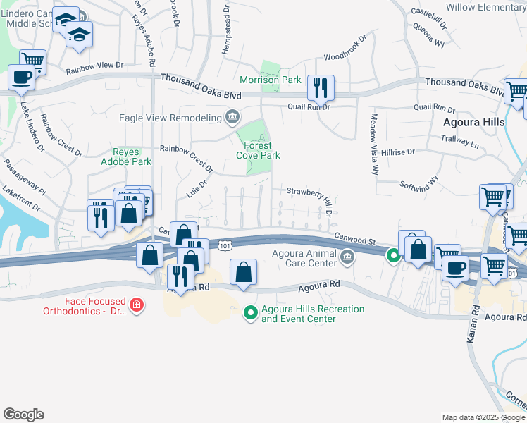 map of restaurants, bars, coffee shops, grocery stores, and more near 5334 Francisca Way in Agoura Hills