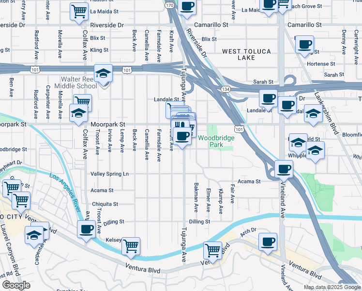 map of restaurants, bars, coffee shops, grocery stores, and more near 4356 Kraft Avenue in Los Angeles