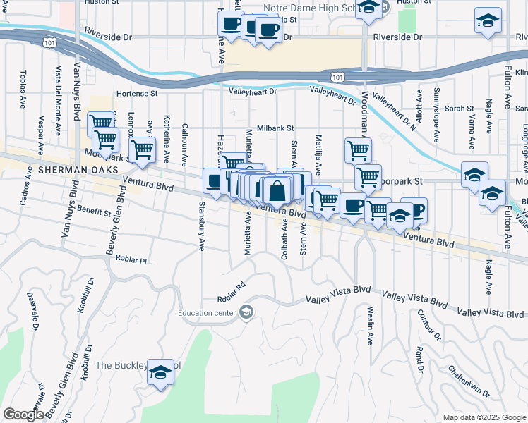 map of restaurants, bars, coffee shops, grocery stores, and more near 4206 Costello Avenue in Los Angeles