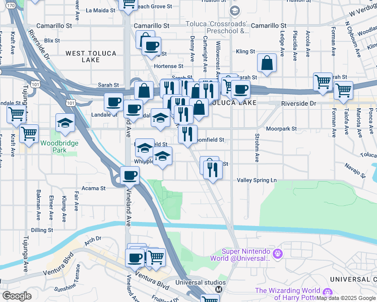 map of restaurants, bars, coffee shops, grocery stores, and more near 4327 Lankershim Boulevard in Los Angeles