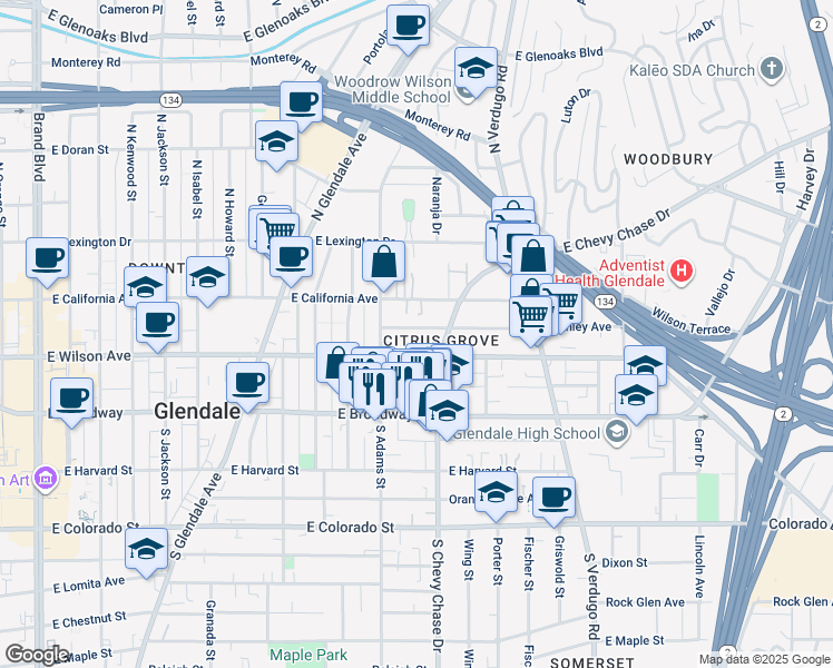 map of restaurants, bars, coffee shops, grocery stores, and more near 1128 Stanley Avenue in Glendale