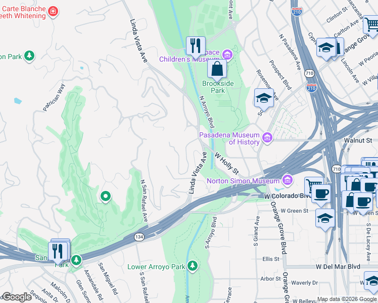 map of restaurants, bars, coffee shops, grocery stores, and more near 201 La Vereda Road in Pasadena
