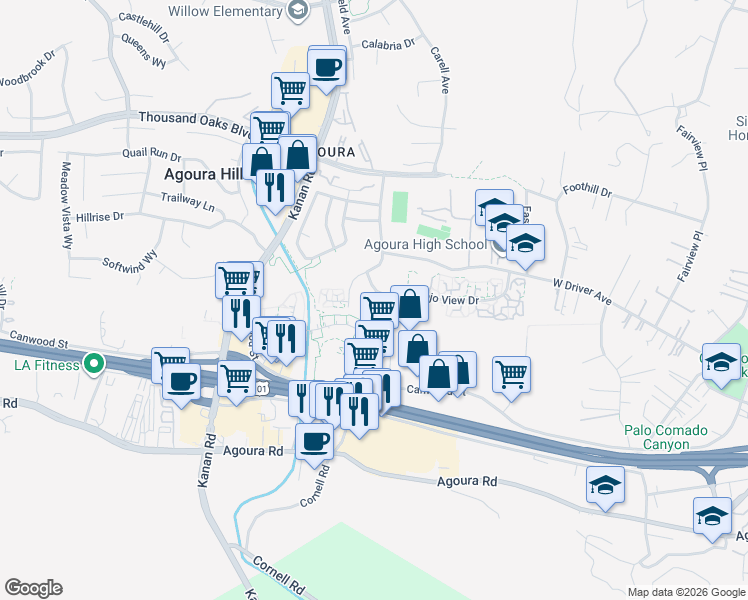 map of restaurants, bars, coffee shops, grocery stores, and more near 28864 Conejo View Drive in Agoura Hills