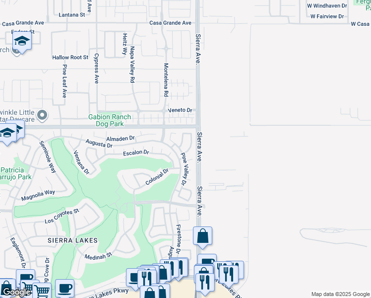 map of restaurants, bars, coffee shops, grocery stores, and more near 5794 Bay Hill Lane in Fontana