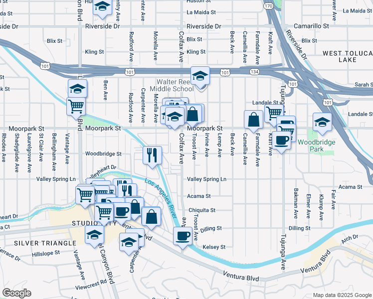 map of restaurants, bars, coffee shops, grocery stores, and more near 4356 Colfax Avenue in Los Angeles