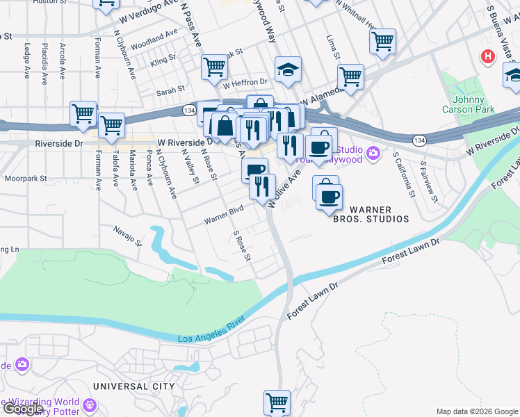 map of restaurants, bars, coffee shops, grocery stores, and more near 4109 West Olive Avenue in Burbank