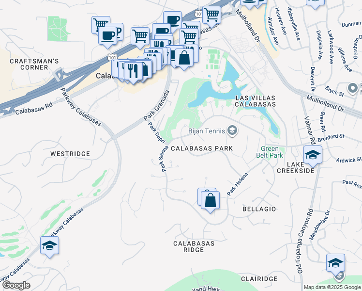 map of restaurants, bars, coffee shops, grocery stores, and more near 4441 Park Alisal in Calabasas