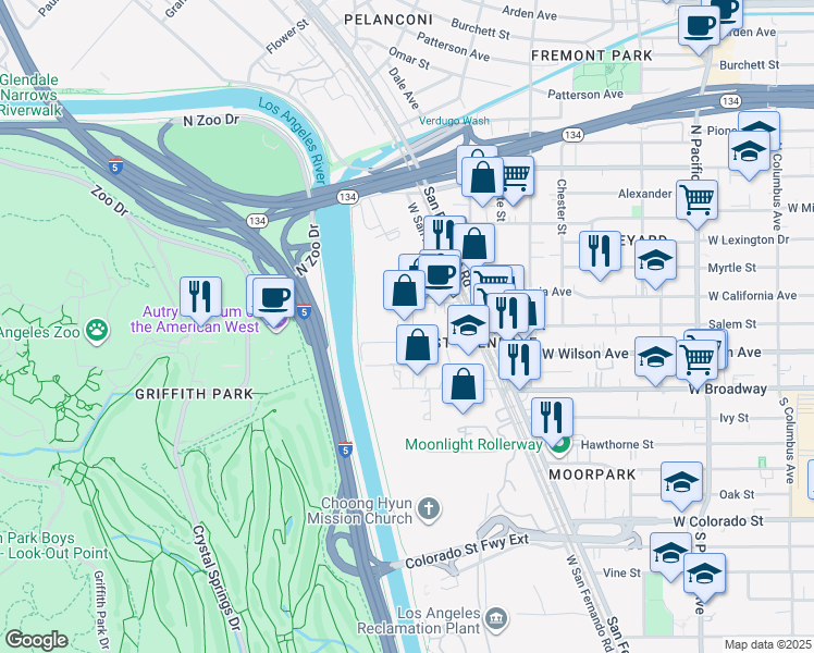 map of restaurants, bars, coffee shops, grocery stores, and more near 5301 Exchange Street in Los Angeles