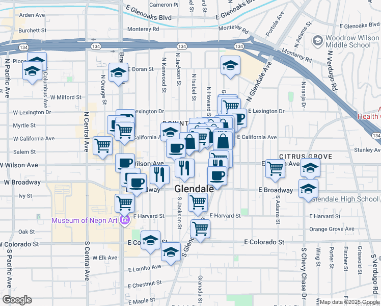 map of restaurants, bars, coffee shops, grocery stores, and more near 219 North Isabel Street in Glendale