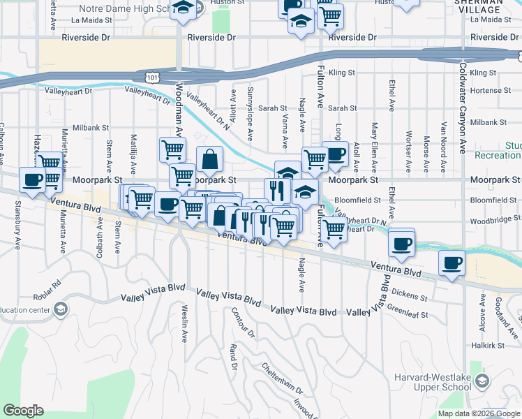 map of restaurants, bars, coffee shops, grocery stores, and more near 4255 Greenbush Avenue in Sherman Oaks