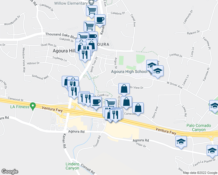 map of restaurants, bars, coffee shops, grocery stores, and more near 28864 Conejo View Drive in Agoura Hills