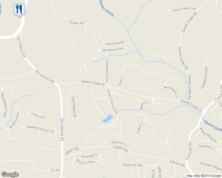 map of restaurants, bars, coffee shops, grocery stores, and more near 1845 Seneca Creek Drive in Cumming