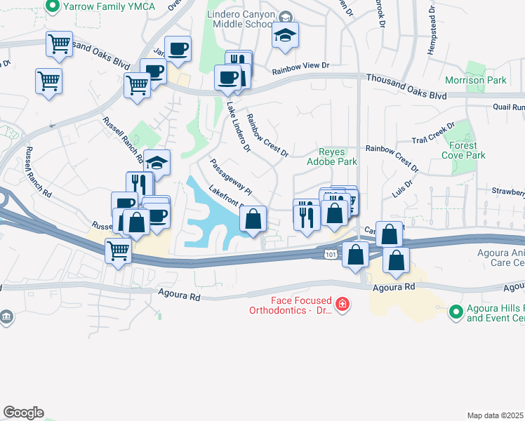 map of restaurants, bars, coffee shops, grocery stores, and more near 30604 Passageway Place in Agoura Hills