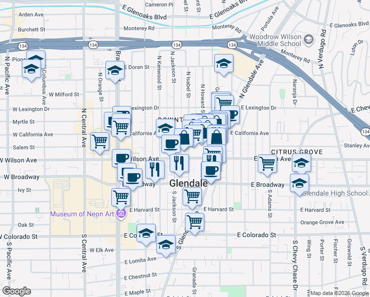 map of restaurants, bars, coffee shops, grocery stores, and more near 219 North Isabel Street in Glendale