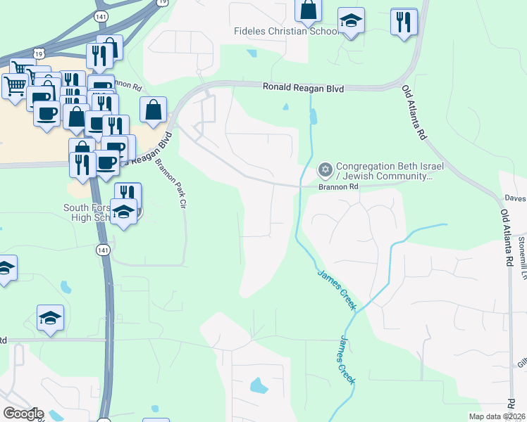 map of restaurants, bars, coffee shops, grocery stores, and more near 760 Brannon Oaks Lane in Cumming