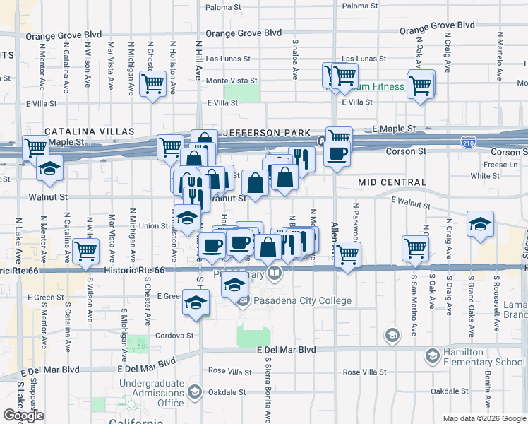 map of restaurants, bars, coffee shops, grocery stores, and more near 167 North Sierra Bonita Avenue in Pasadena