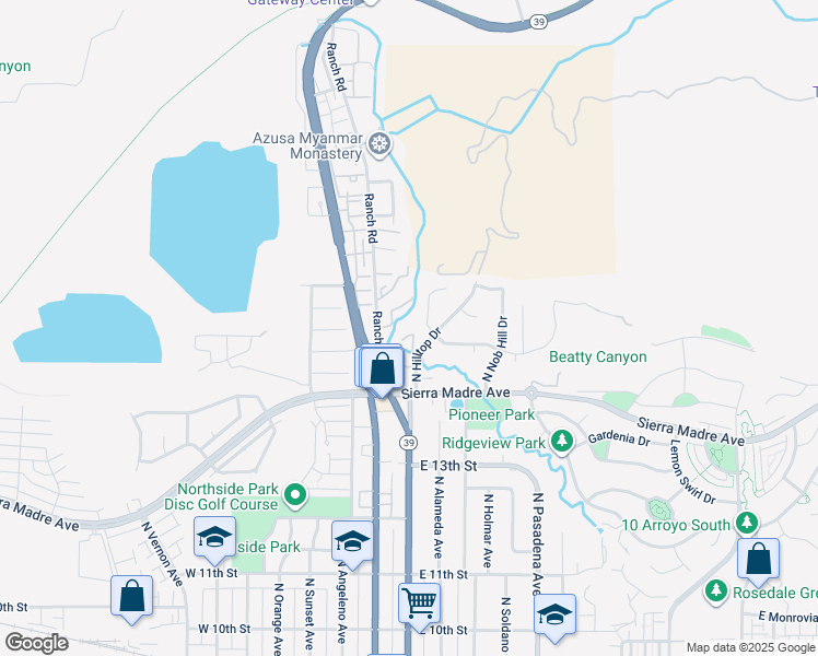 map of restaurants, bars, coffee shops, grocery stores, and more near 1469 North Hilltop Drive in Azusa