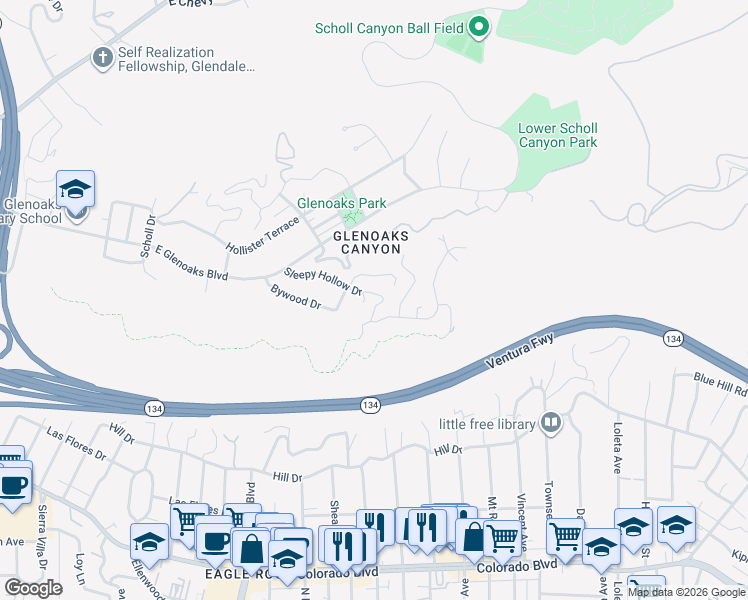 map of restaurants, bars, coffee shops, grocery stores, and more near 2528 Sleepy Hollow Drive in Glendale