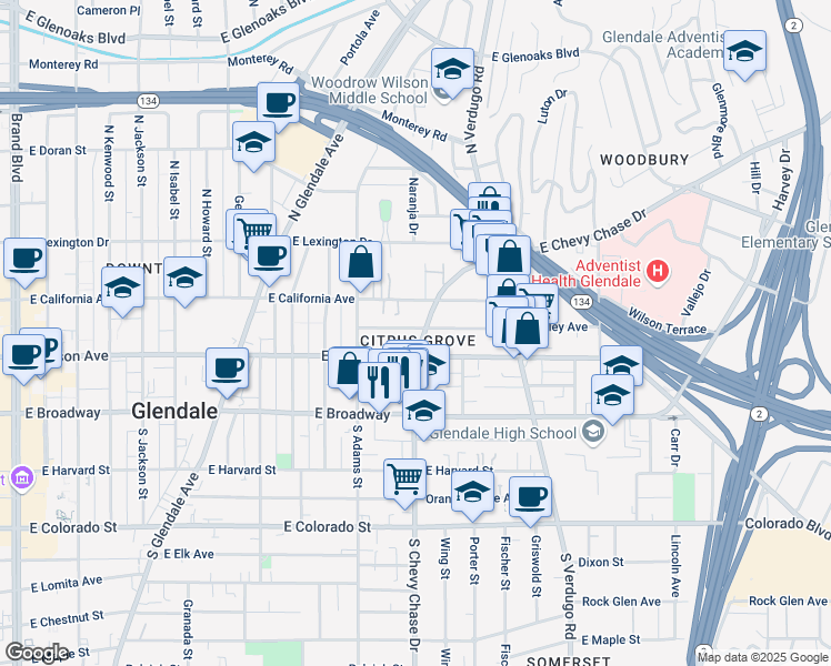 map of restaurants, bars, coffee shops, grocery stores, and more near 1142 Stanley Avenue in Glendale