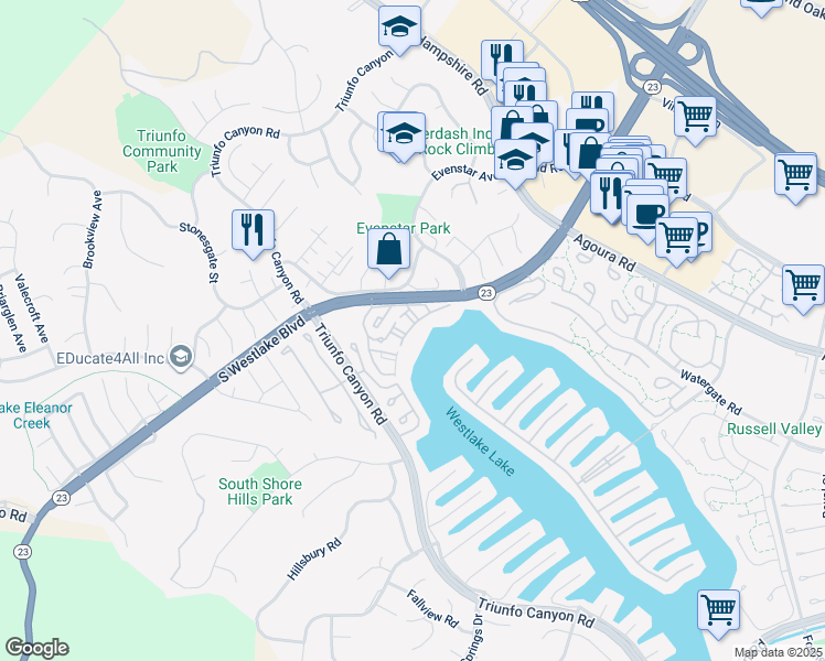 map of restaurants, bars, coffee shops, grocery stores, and more near 1206 South Westlake Boulevard in Westlake Village