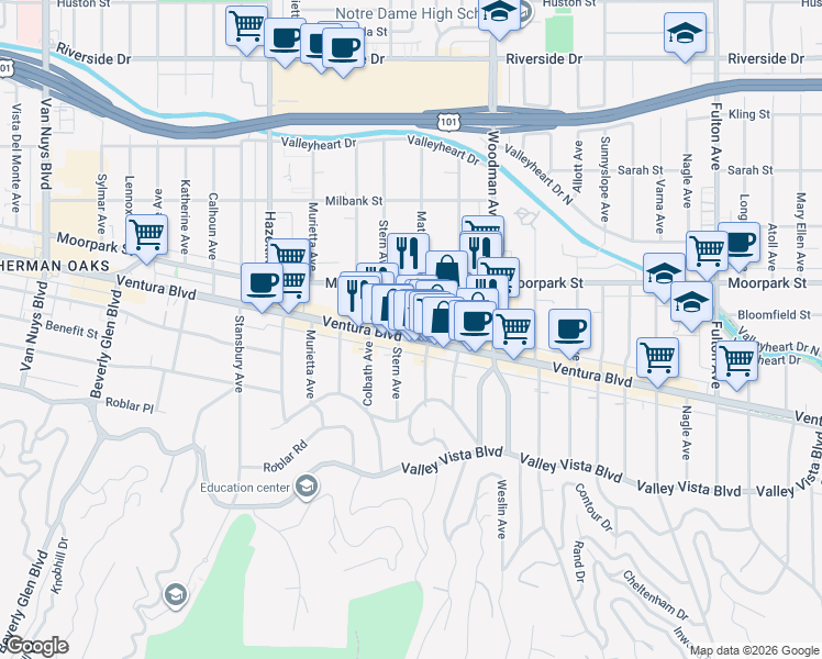 map of restaurants, bars, coffee shops, grocery stores, and more near 13833 Ventura Boulevard in Los Angeles