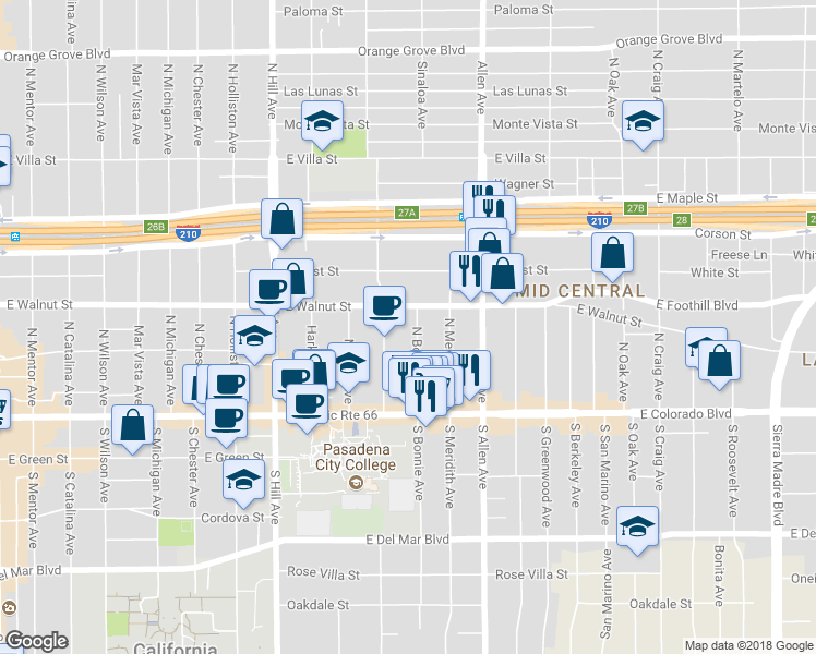 map of restaurants, bars, coffee shops, grocery stores, and more near 155 North Bonnie Avenue in Pasadena