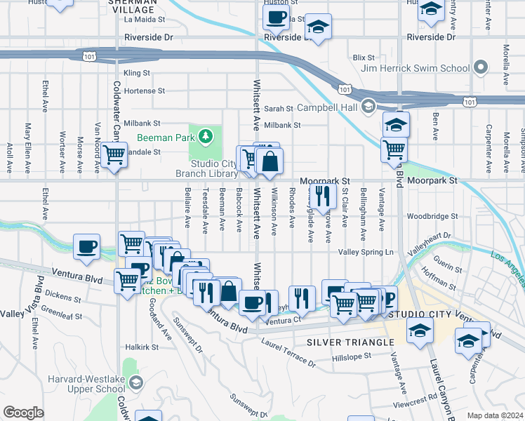 map of restaurants, bars, coffee shops, grocery stores, and more near 4308 Whitsett Avenue in Los Angeles