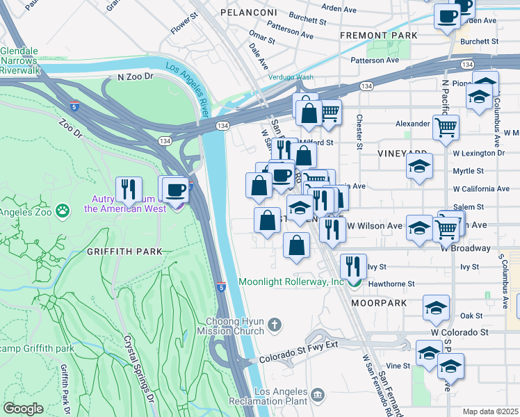 map of restaurants, bars, coffee shops, grocery stores, and more near 5301 Exchange Street in Los Angeles