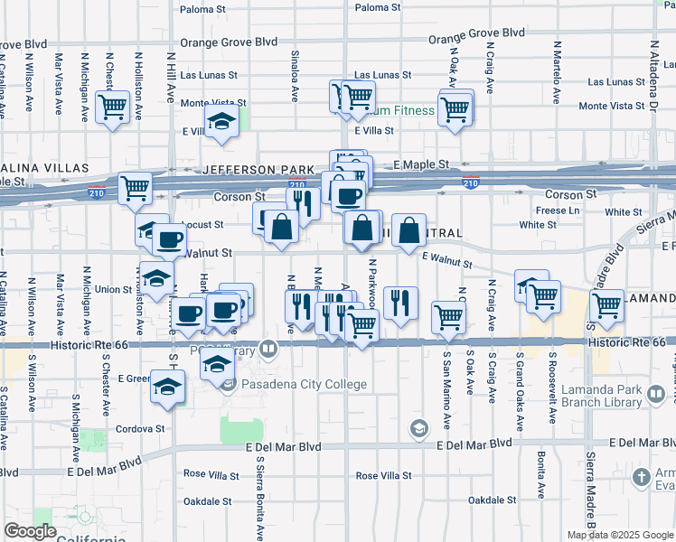 map of restaurants, bars, coffee shops, grocery stores, and more near 157 North Allen Avenue in Pasadena