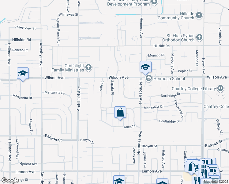 map of restaurants, bars, coffee shops, grocery stores, and more near 5847 Zapata Place in Rancho Cucamonga