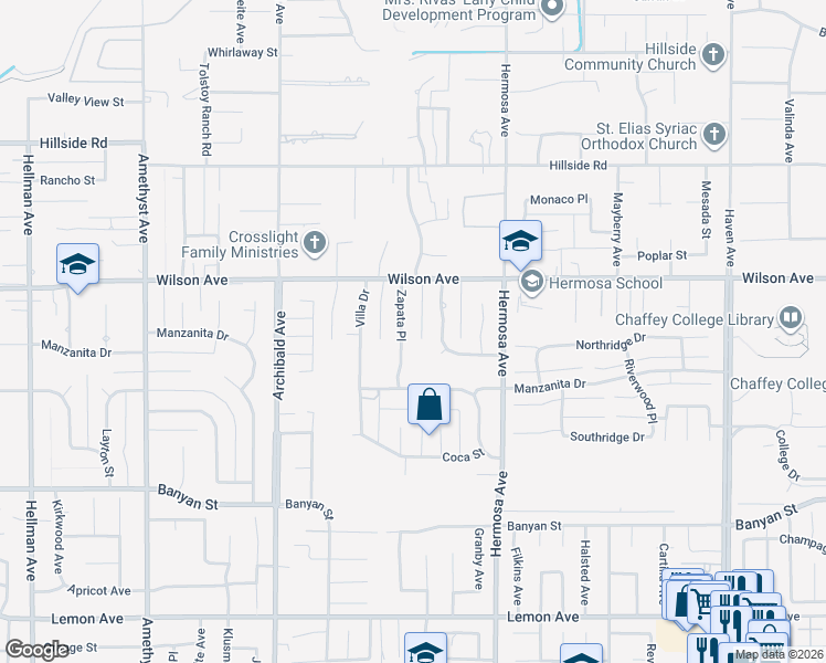 map of restaurants, bars, coffee shops, grocery stores, and more near 5847 Zapata Place in Rancho Cucamonga