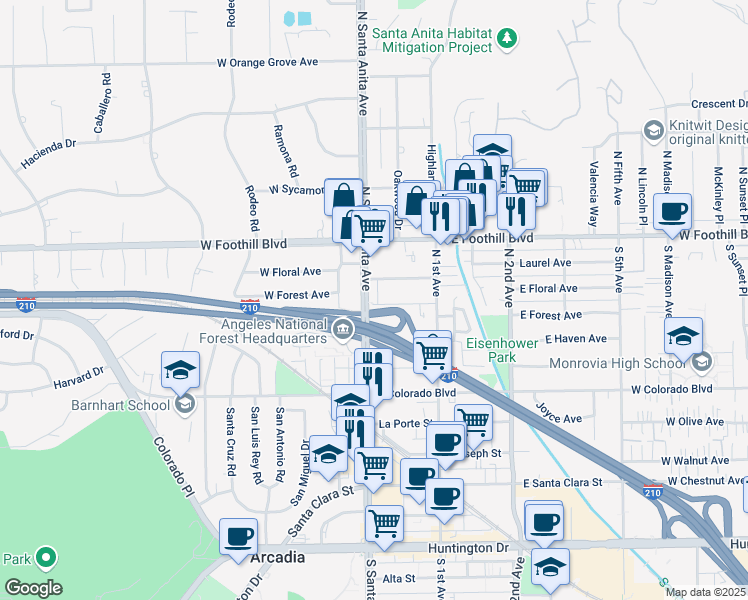 map of restaurants, bars, coffee shops, grocery stores, and more near 5 East Forest Avenue in Arcadia