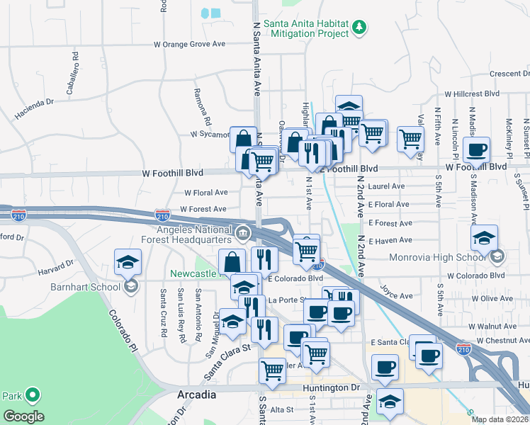 map of restaurants, bars, coffee shops, grocery stores, and more near 5 East Forest Avenue in Arcadia