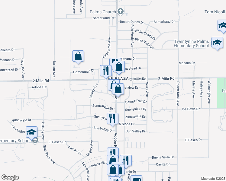 map of restaurants, bars, coffee shops, grocery stores, and more near 5770 Adobe Road in Twentynine Palms
