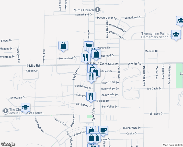map of restaurants, bars, coffee shops, grocery stores, and more near 5758 Adobe Road in Twentynine Palms