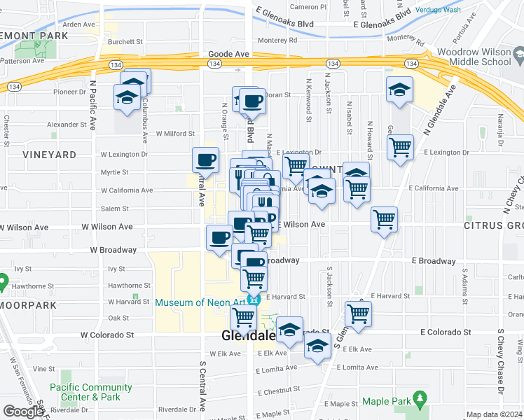 map of restaurants, bars, coffee shops, grocery stores, and more near 216 North Brand Boulevard in Glendale