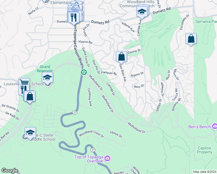 map of restaurants, bars, coffee shops, grocery stores, and more near 4501 Canoga Drive in Los Angeles