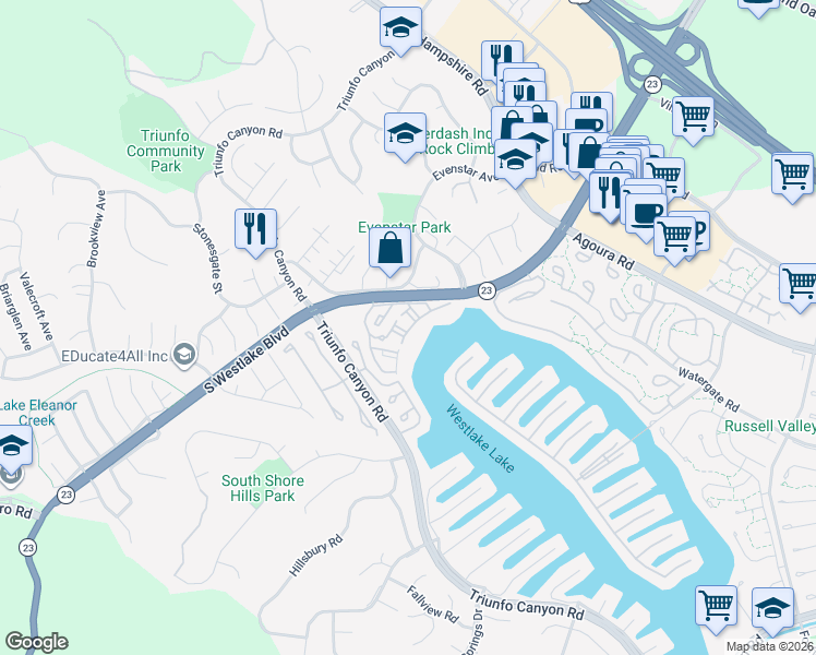 map of restaurants, bars, coffee shops, grocery stores, and more near 1174 South Westlake Boulevard in Westlake Village