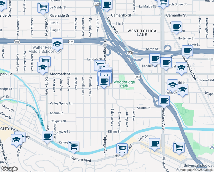map of restaurants, bars, coffee shops, grocery stores, and more near 4336 Tujunga Avenue in Los Angeles