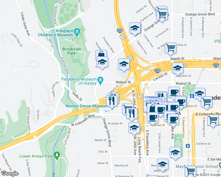 map of restaurants, bars, coffee shops, grocery stores, and more near 150 North Orange Grove Boulevard in Pasadena