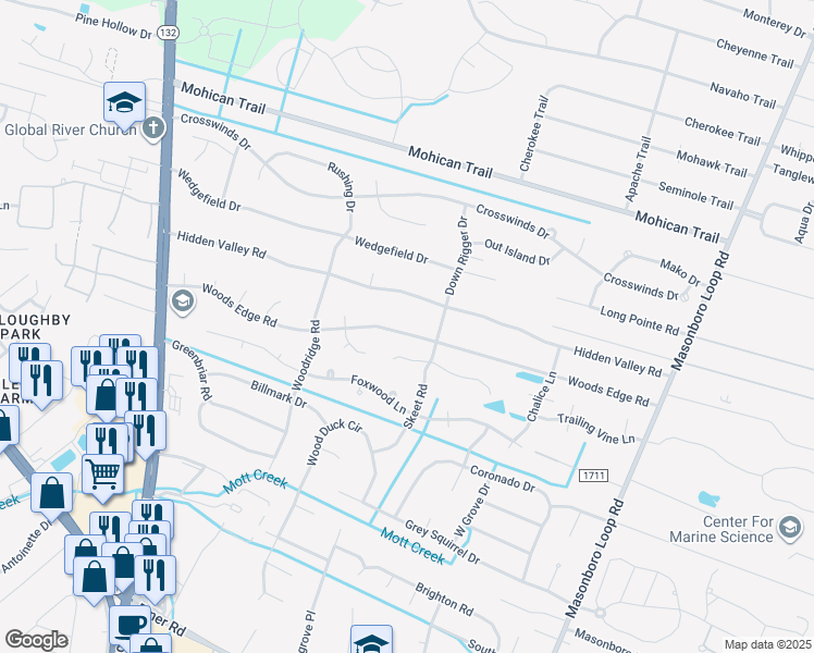 map of restaurants, bars, coffee shops, grocery stores, and more near 4931 Woods Edge Road in Wilmington