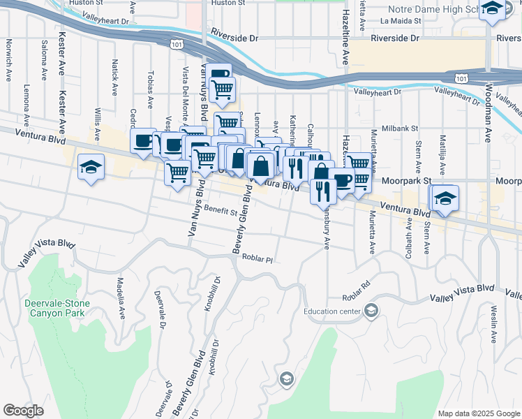map of restaurants, bars, coffee shops, grocery stores, and more near 14318 Dickens Street in Los Angeles