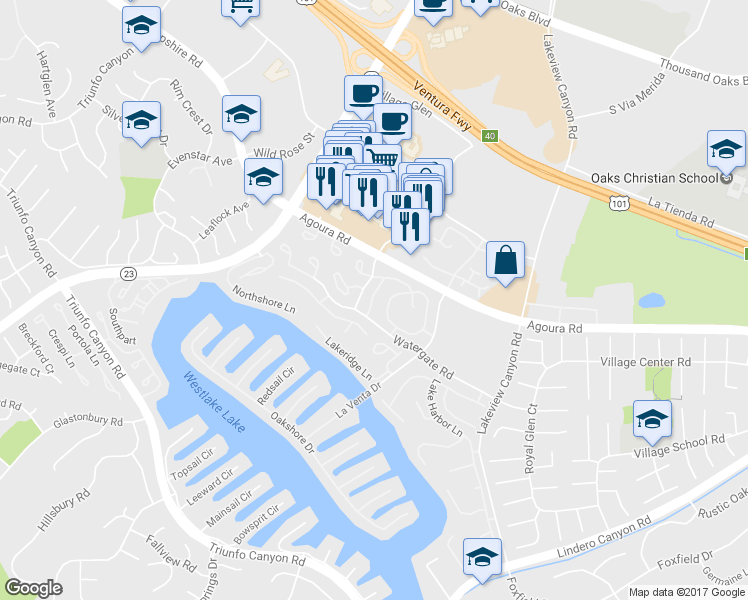 map of restaurants, bars, coffee shops, grocery stores, and more near 1218 Kirkford Way in Westlake Village