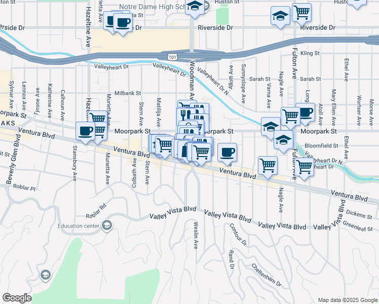 map of restaurants, bars, coffee shops, grocery stores, and more near 4330 Woodman Avenue in Los Angeles
